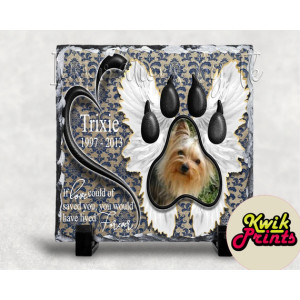  Pet Paw Print Memorial Slate (blue damask)  - 20cm x 20cm - Glossy Finish 