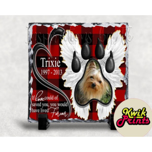  Pet Paw Print Memorial Slate (red plaid)  - 20cm x 20cm - Glossy Finish 