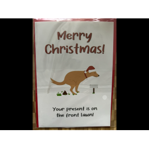 Christmas card your present is on the front lawn